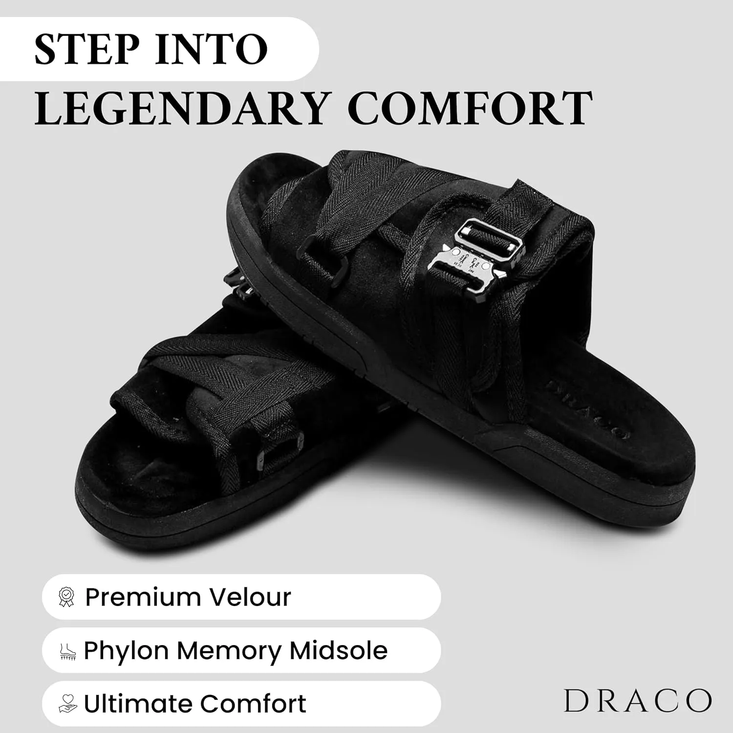 DracoSlides Remastered Slides for Men and Women - Covered in Premium Velour with Adjustable Straps Ideal for Wide/Narrow Feet, Sandals with Arch Support & Slip Resistant, Men & Women Footwear, Black