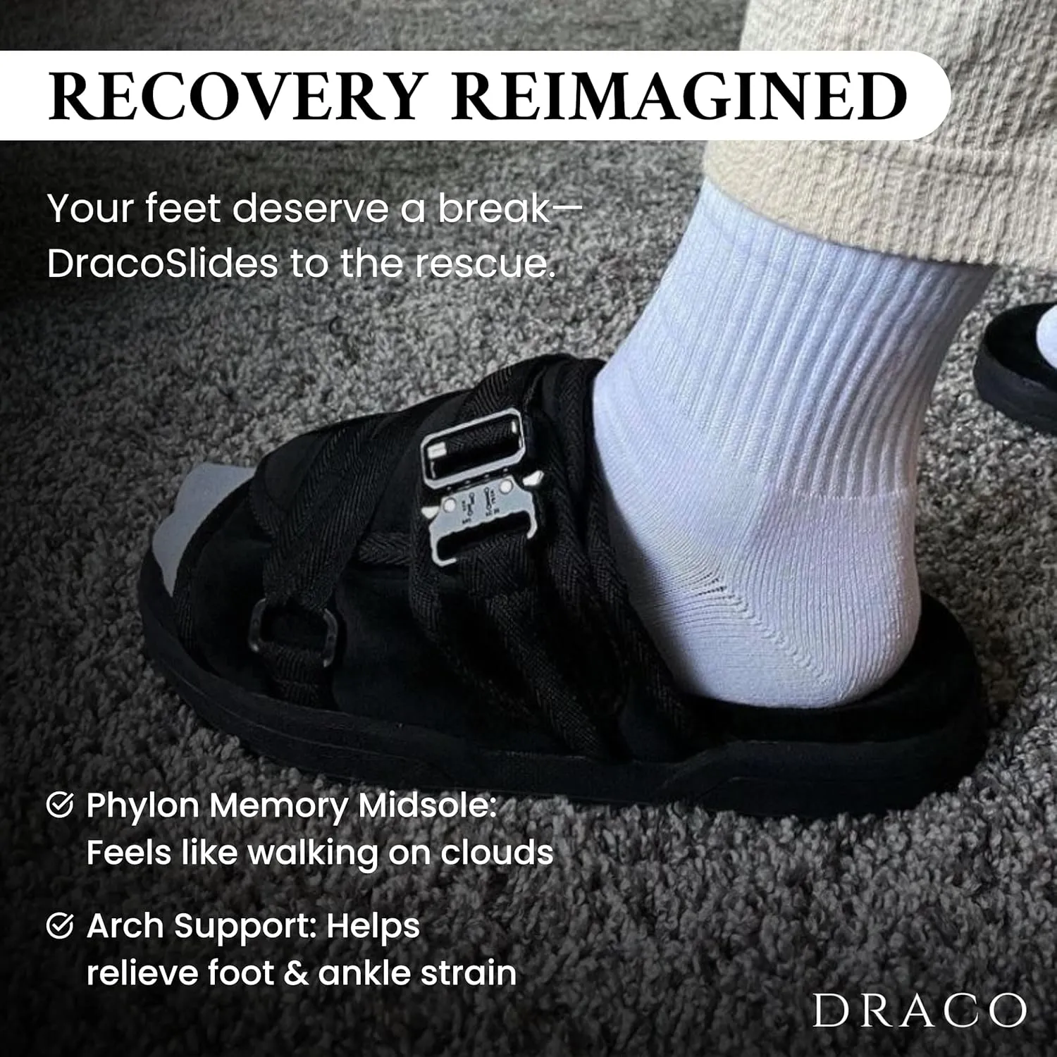 DracoSlides Remastered Slides for Men and Women - Covered in Premium Velour with Adjustable Straps Ideal for Wide/Narrow Feet, Sandals with Arch Support & Slip Resistant, Men & Women Footwear, Black
