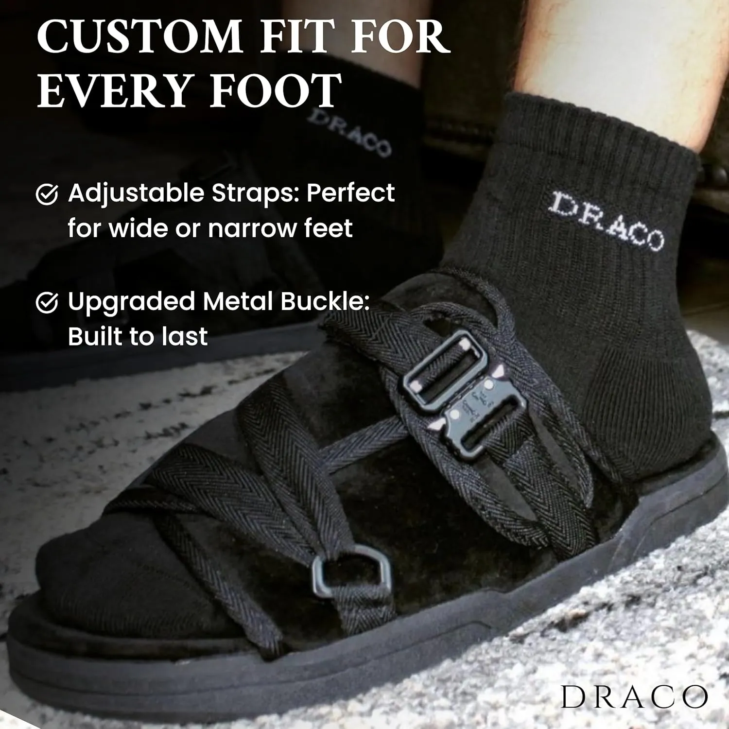 DracoSlides Remastered Slides for Men and Women - Covered in Premium Velour with Adjustable Straps Ideal for Wide/Narrow Feet, Sandals with Arch Support & Slip Resistant, Men & Women Footwear, Black
