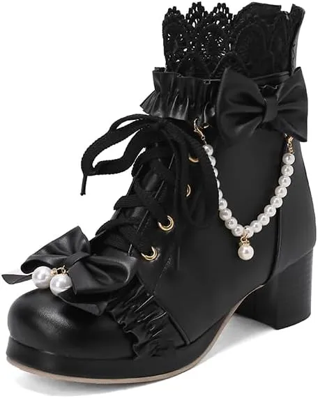 Elbslutt Women Goth Platform Boots Kawaii Lolita Chunky Heel Ankle Boots Bow Lace Up Ankle Boots Cute Sweet Cosplay Booties Punk Shoes