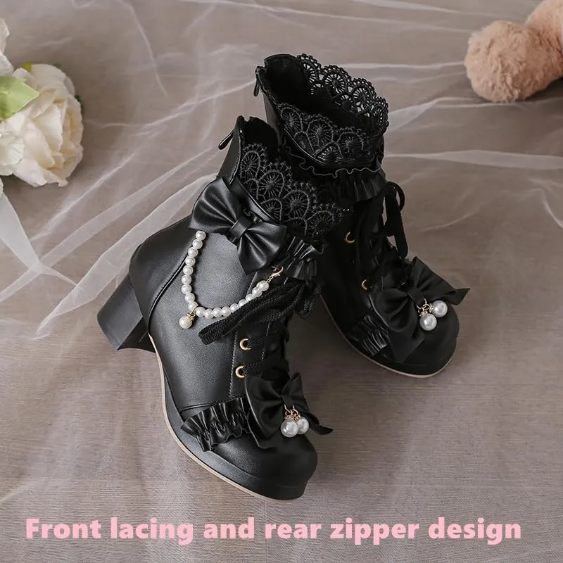 Elbslutt Women Goth Platform Boots Kawaii Lolita Chunky Heel Ankle Boots Bow Lace Up Ankle Boots Cute Sweet Cosplay Booties Punk Shoes