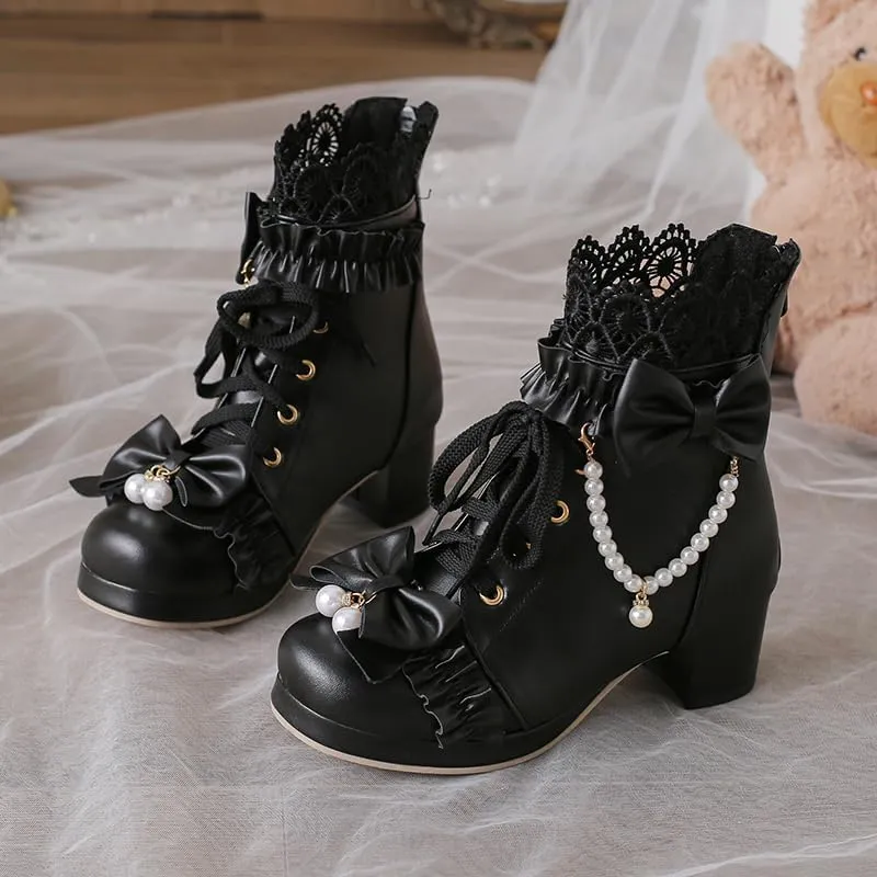 Elbslutt Women Goth Platform Boots Kawaii Lolita Chunky Heel Ankle Boots Bow Lace Up Ankle Boots Cute Sweet Cosplay Booties Punk Shoes