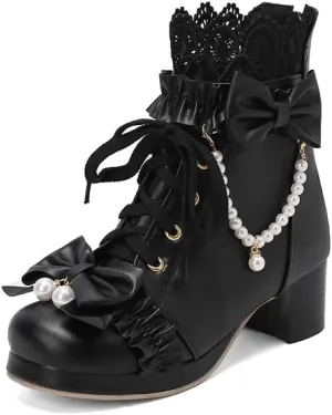 Elbslutt Women Goth Platform Boots Kawaii Lolita Chunky Heel Ankle Boots Bow Lace Up Ankle Boots Cute Sweet Cosplay Booties Punk Shoes