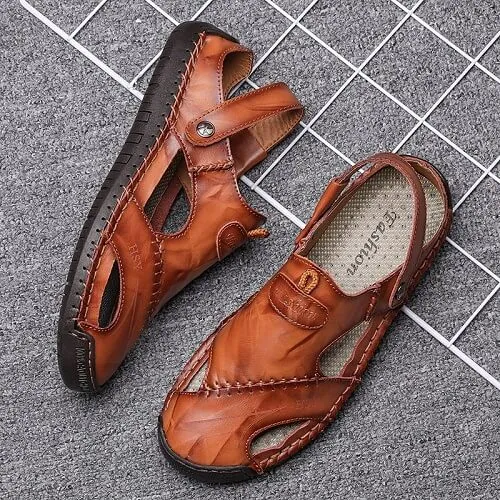EOIOC Men's  Orthpetic Durable Genuine Leather Sandals