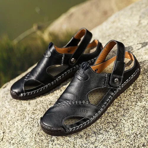 EOIOC Men's  Orthpetic Durable Genuine Leather Sandals