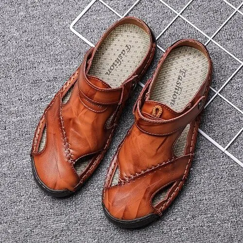 EOIOC Men's  Orthpetic Durable Genuine Leather Sandals