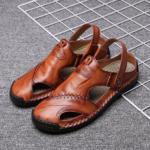 EOIOC Men's  Orthpetic Durable Genuine Leather Sandals