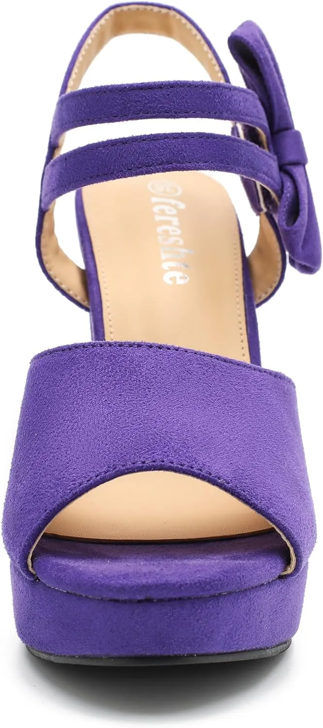 fereshte Women's Bow Chunky Heel Sandals Platform Peep Toe Ankle Strap Slingback Dress Shoes