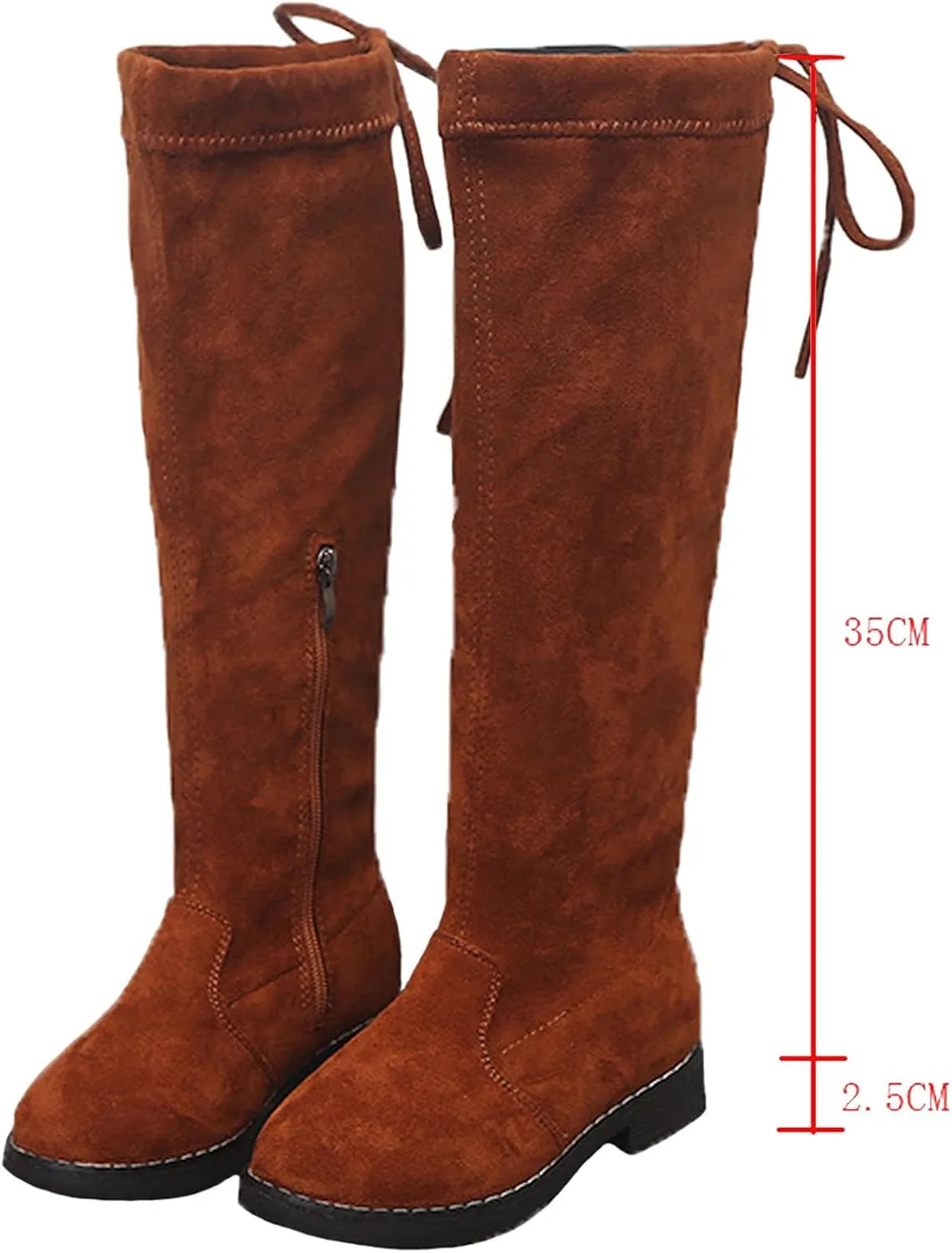 Girls' Youth Side Zipper Back Tie String Suede Knee High Long Boots Fur-Lined Over The Knee Winter Booties