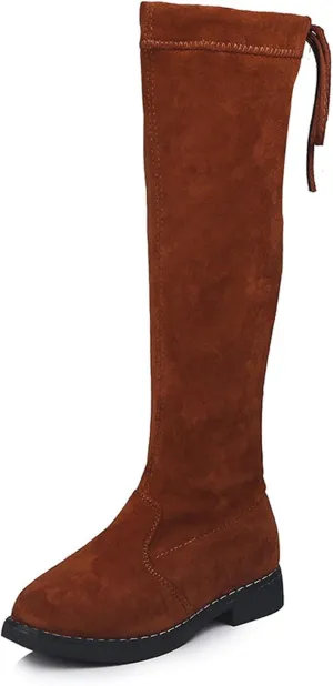 Girls' Youth Side Zipper Back Tie String Suede Knee High Long Boots Fur-Lined Over The Knee Winter Booties