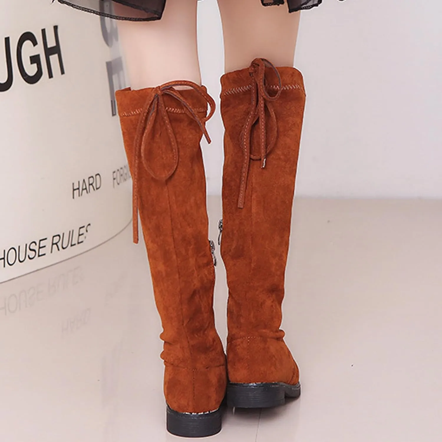 Girls' Youth Side Zipper Back Tie String Suede Knee High Long Boots Fur-Lined Over The Knee Winter Booties