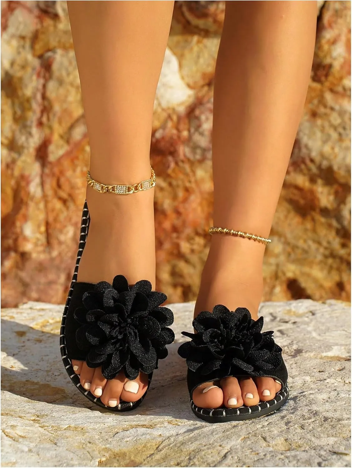 GORGLITTER Women's Flower Flat Sandals Dress Floral Flip Flops Open Toe Slip On Summer Slides Sandal