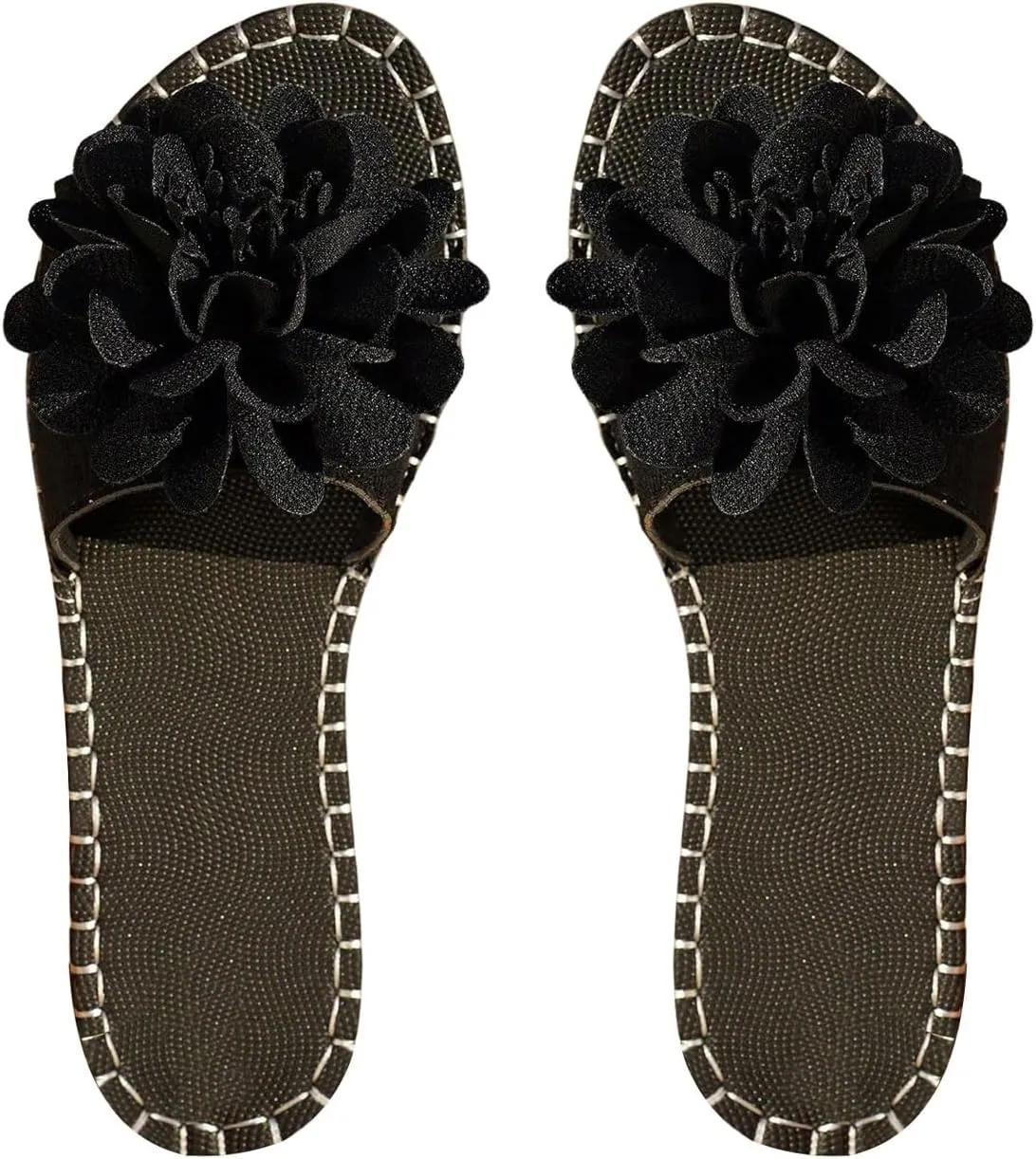 GORGLITTER Women's Flower Flat Sandals Dress Floral Flip Flops Open Toe Slip On Summer Slides Sandal