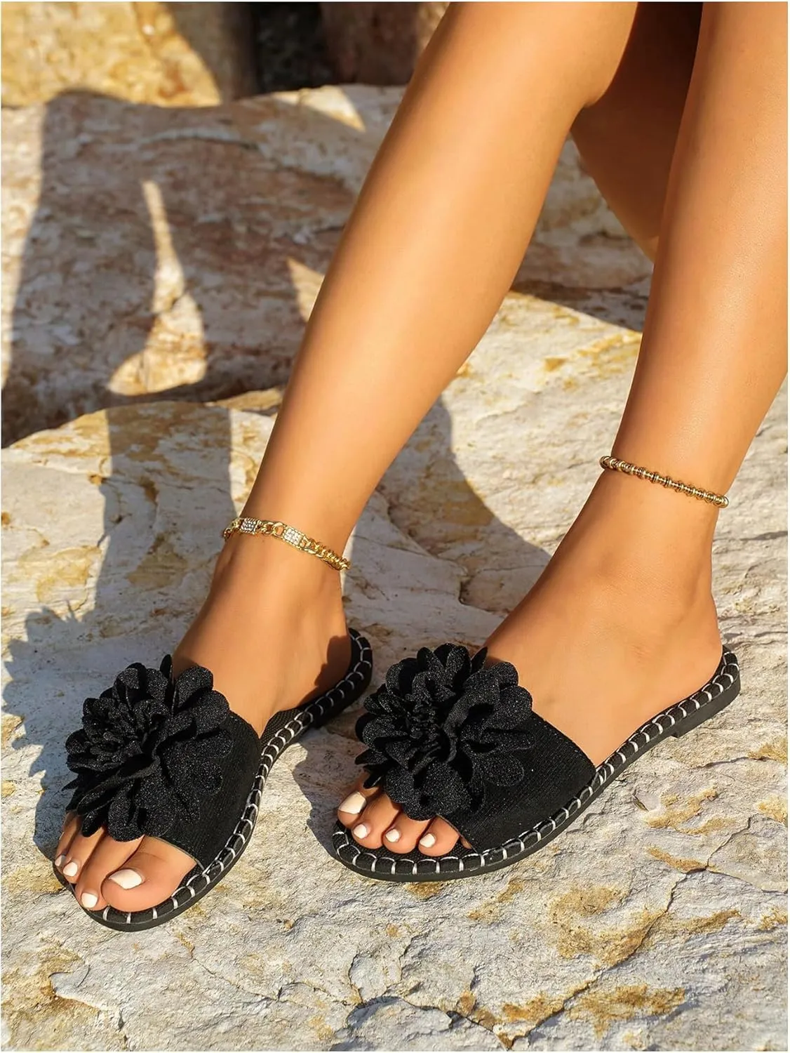 GORGLITTER Women's Flower Flat Sandals Dress Floral Flip Flops Open Toe Slip On Summer Slides Sandal