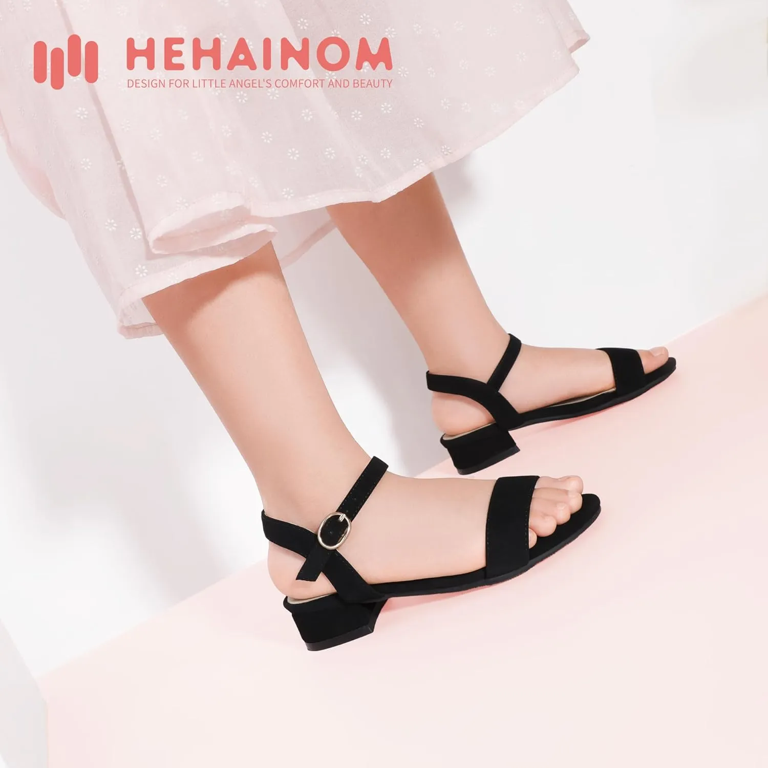 Hehainom Girls Dress Shoes Sandals Open Toe Flower Girl Wedding Party School for Little Big Kids Chunky Low Heels Shoes