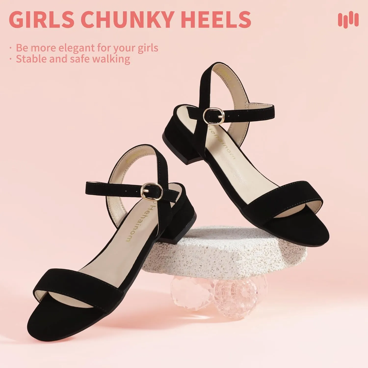 Hehainom Girls Dress Shoes Sandals Open Toe Flower Girl Wedding Party School for Little Big Kids Chunky Low Heels Shoes