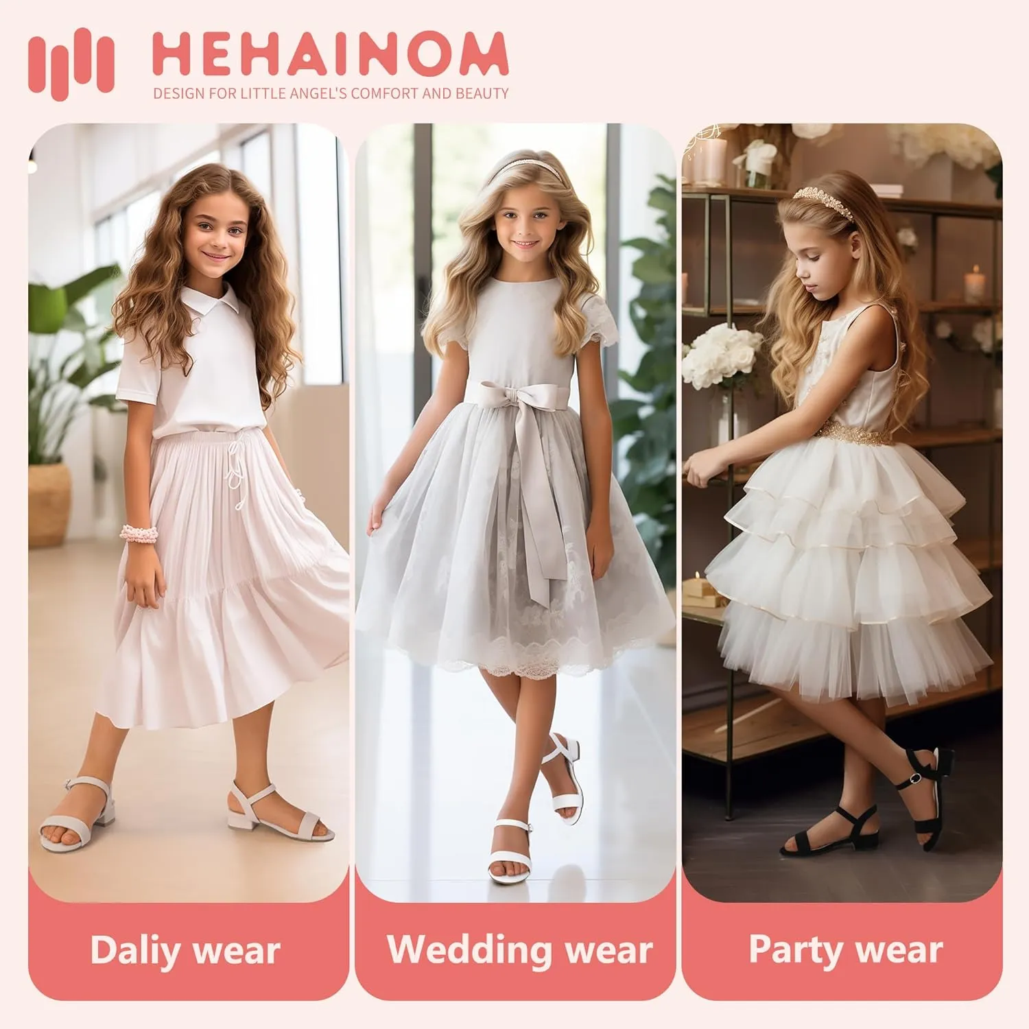 Hehainom Girls Dress Shoes Sandals Open Toe Flower Girl Wedding Party School for Little Big Kids Chunky Low Heels Shoes