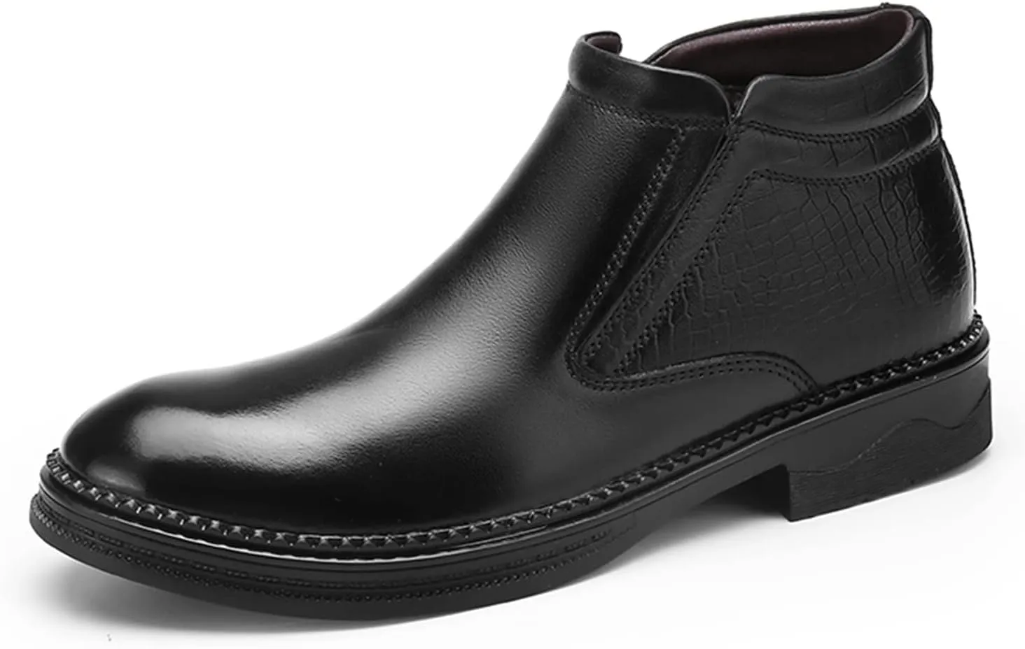 HOOENG Chelsea Boots for Men Crocodile Print Cowhide Leather Slip on Wearable Waterproof Non Slip Casual Classic (Color : Black Lined, Size : 7.5)