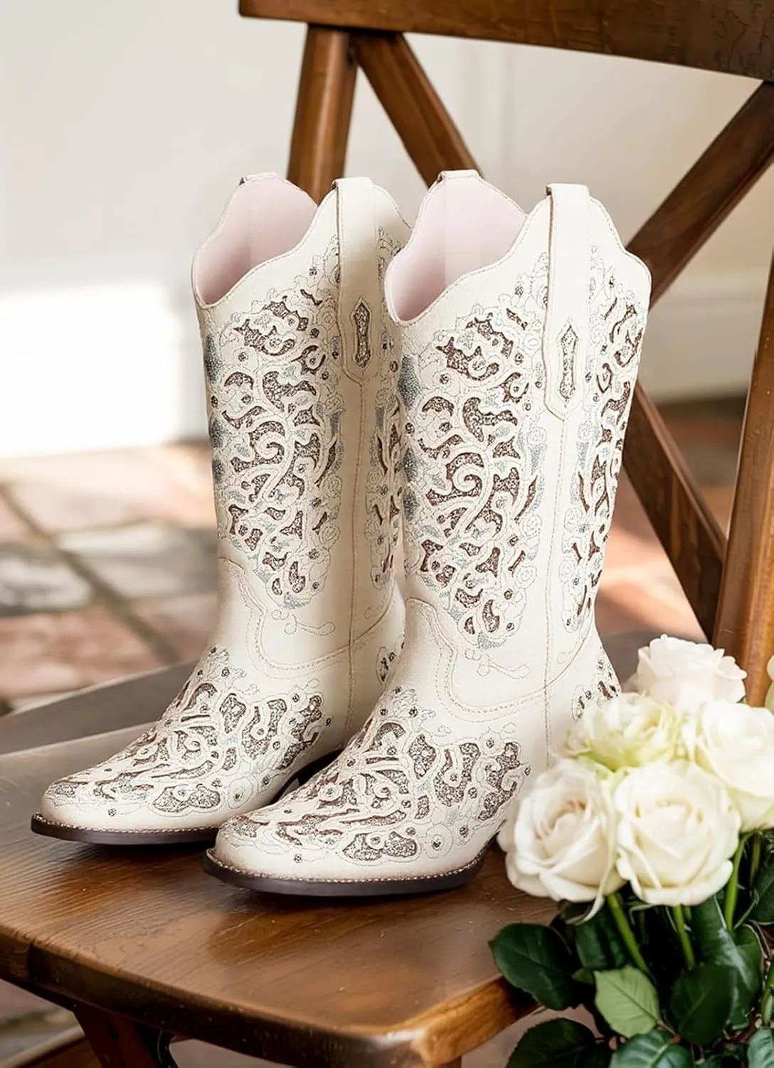 Huntarry Cowboy Boots for Women Western Square Toe Mid Calf White Cowgirl Boots Glitter Sparkle Rhinestone Chunky Wedding Shoes for Bride