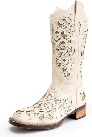 Huntarry Cowboy Boots for Women Western Square Toe Mid Calf White Cowgirl Boots Glitter Sparkle Rhinestone Chunky Wedding Shoes for Bride