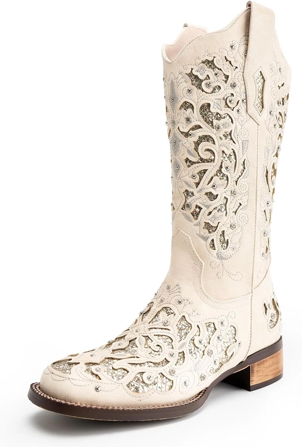 Huntarry Cowboy Boots for Women Western Square Toe Mid Calf White Cowgirl Boots Glitter Sparkle Rhinestone Chunky Wedding Shoes for Bride