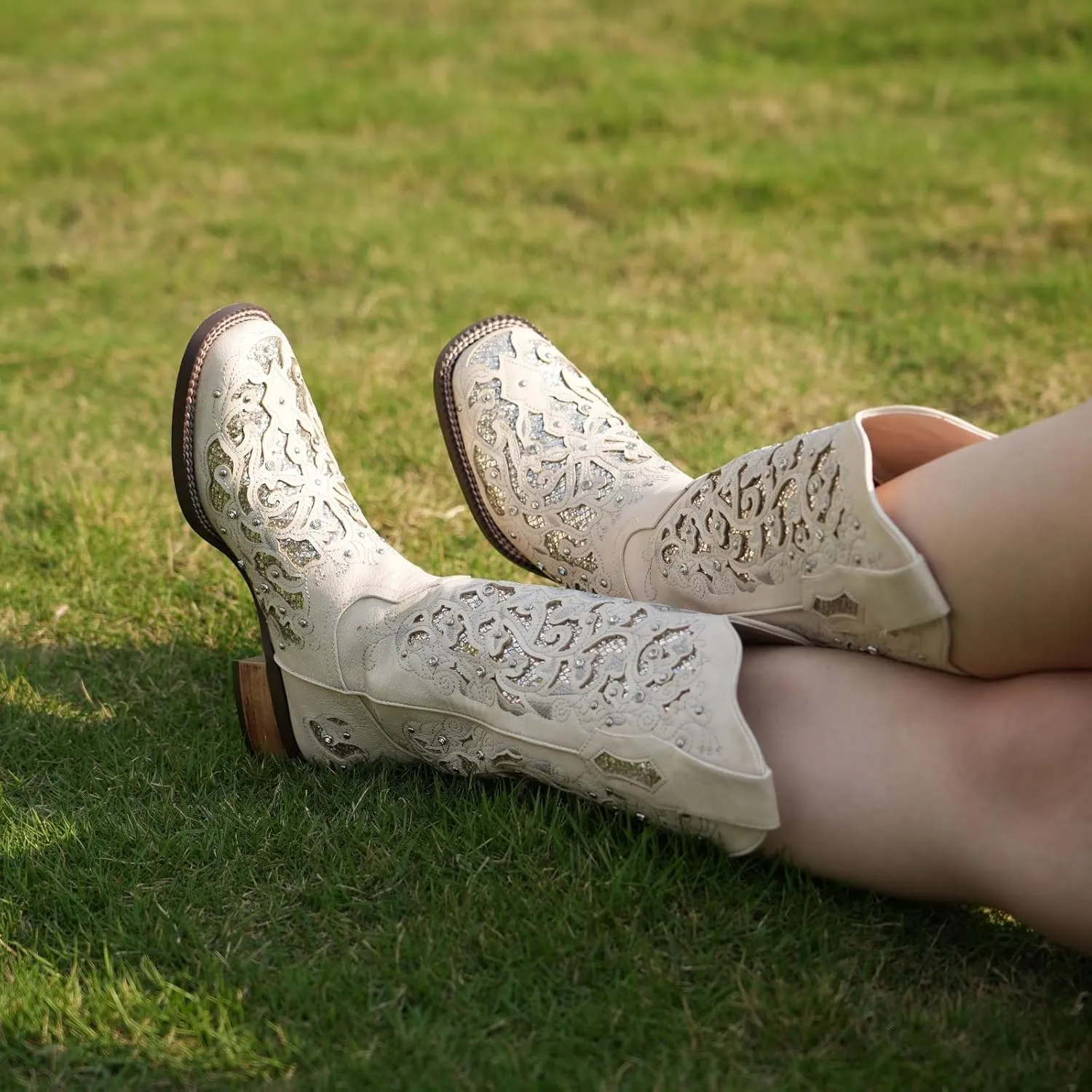 Huntarry Cowboy Boots for Women Western Square Toe Mid Calf White Cowgirl Boots Glitter Sparkle Rhinestone Chunky Wedding Shoes for Bride