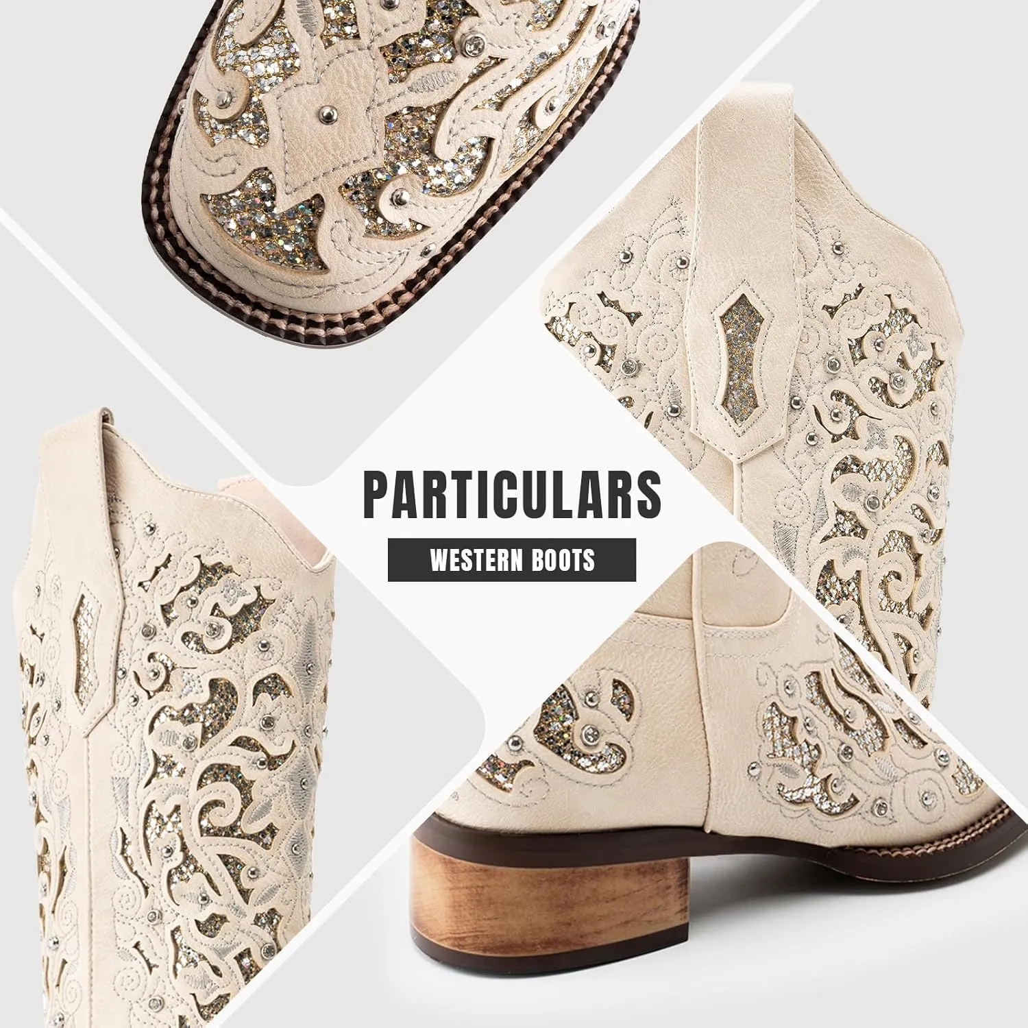 Huntarry Cowboy Boots for Women Western Square Toe Mid Calf White Cowgirl Boots Glitter Sparkle Rhinestone Chunky Wedding Shoes for Bride
