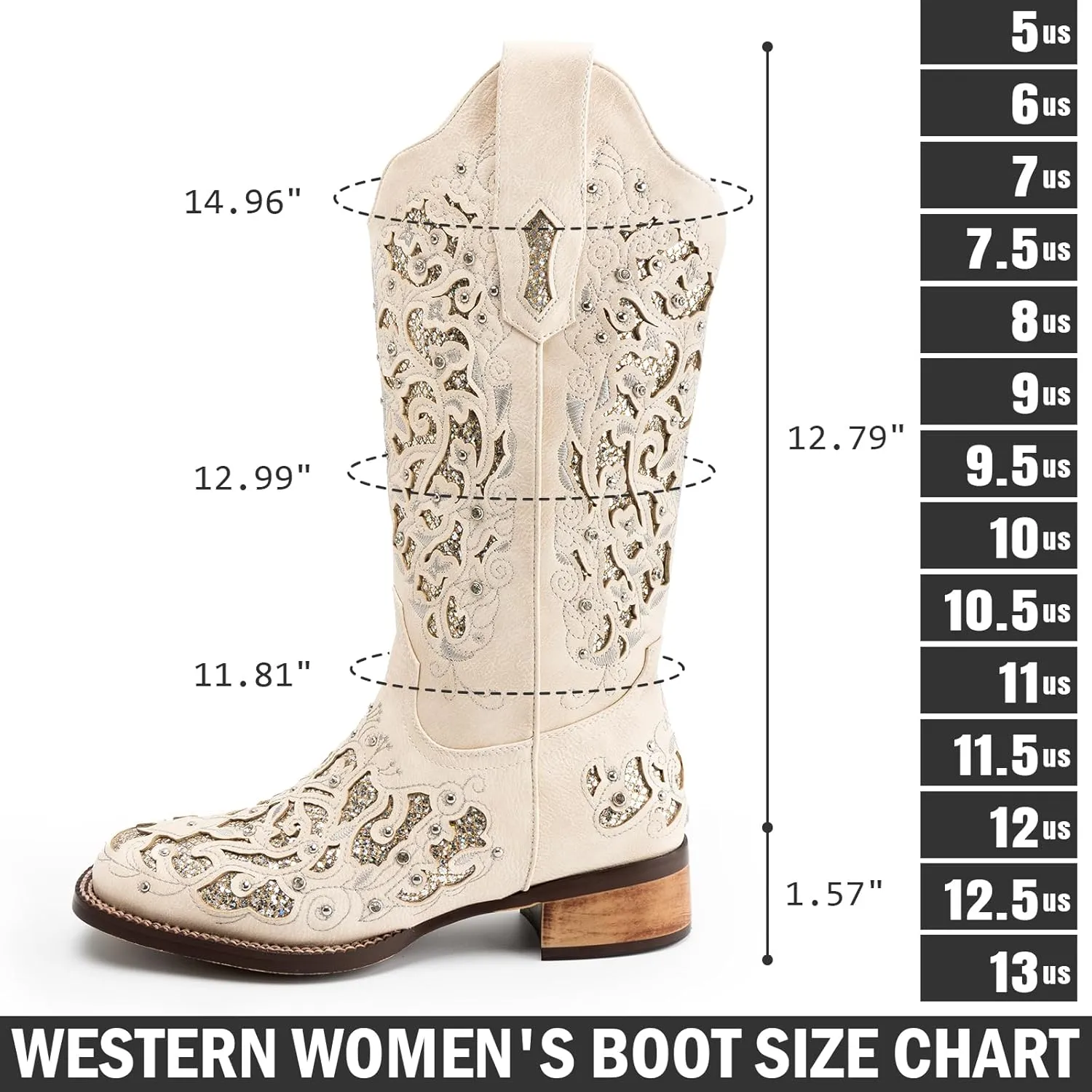 Huntarry Cowboy Boots for Women Western Square Toe Mid Calf White Cowgirl Boots Glitter Sparkle Rhinestone Chunky Wedding Shoes for Bride