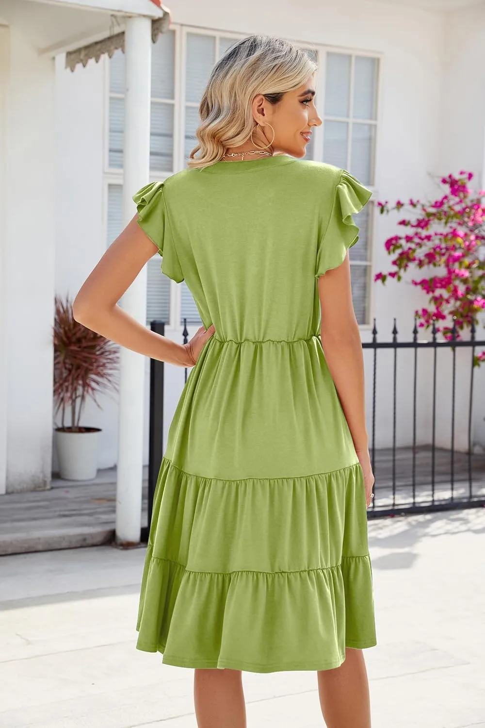 IFFEI Mommy and Me Dresses Summer Ruffle Sleeve V Neck Tiered Midi Dress Casual Boho Outfits for Beach Vacation Family Events
