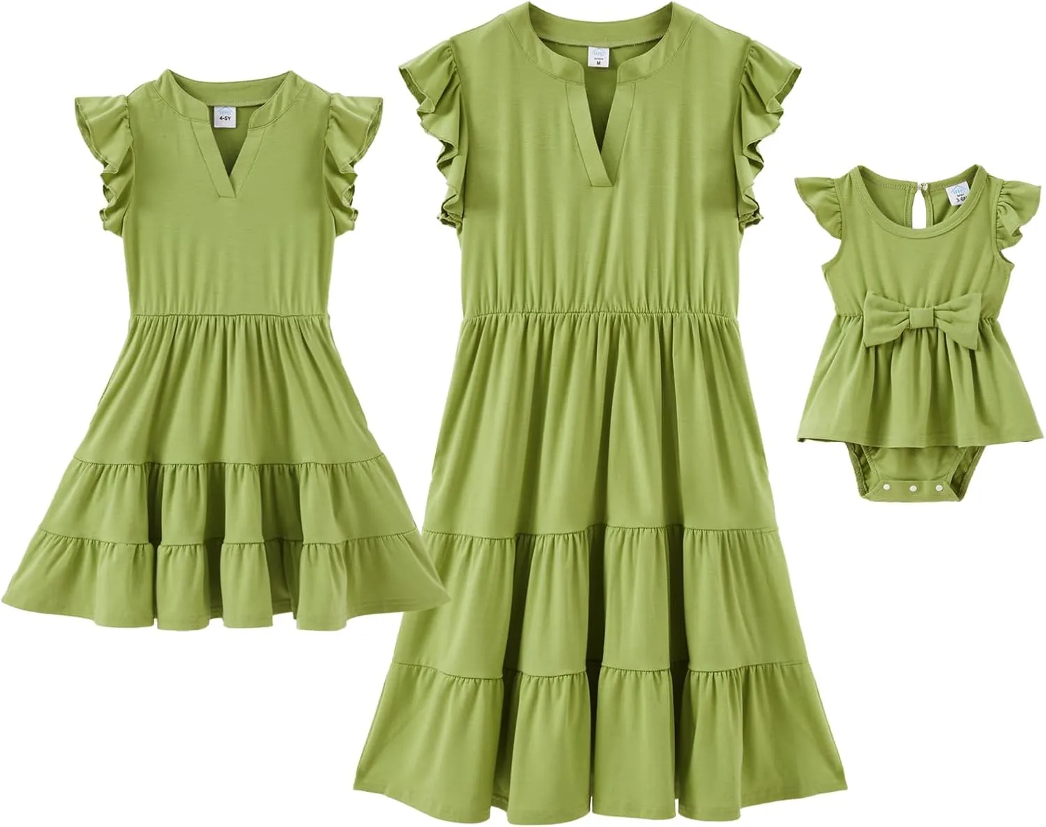 IFFEI Mommy and Me Dresses Summer Ruffle Sleeve V Neck Tiered Midi Dress Casual Boho Outfits for Beach Vacation Family Events