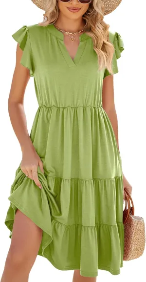 IFFEI Mommy and Me Dresses Summer Ruffle Sleeve V Neck Tiered Midi Dress Casual Boho Outfits for Beach Vacation Family Events