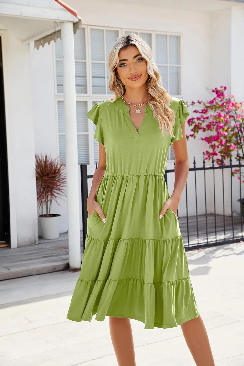 IFFEI Mommy and Me Dresses Summer Ruffle Sleeve V Neck Tiered Midi Dress Casual Boho Outfits for Beach Vacation Family Events