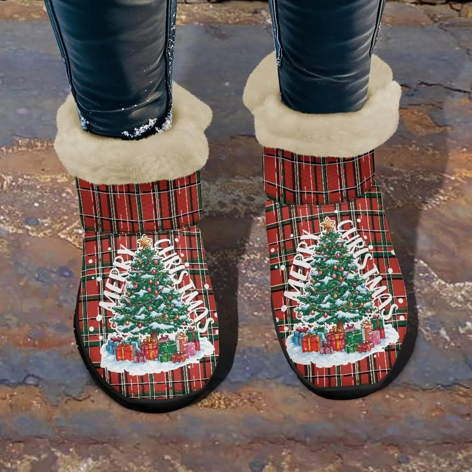Jeiento Christmas Snow Boots for Women Fuzzy Ankle Booties Hiking Boots Non Slip