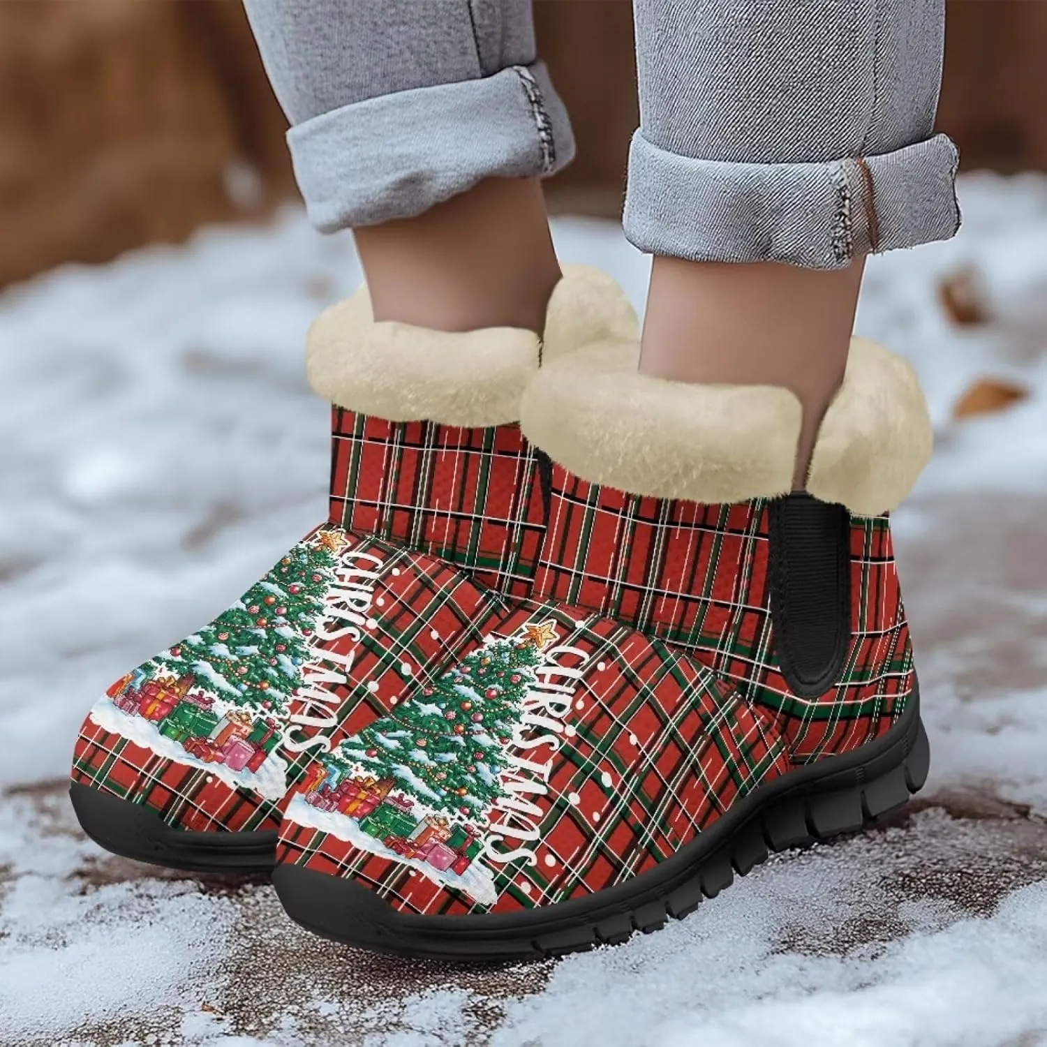 Jeiento Christmas Snow Boots for Women Fuzzy Ankle Booties Hiking Boots Non Slip