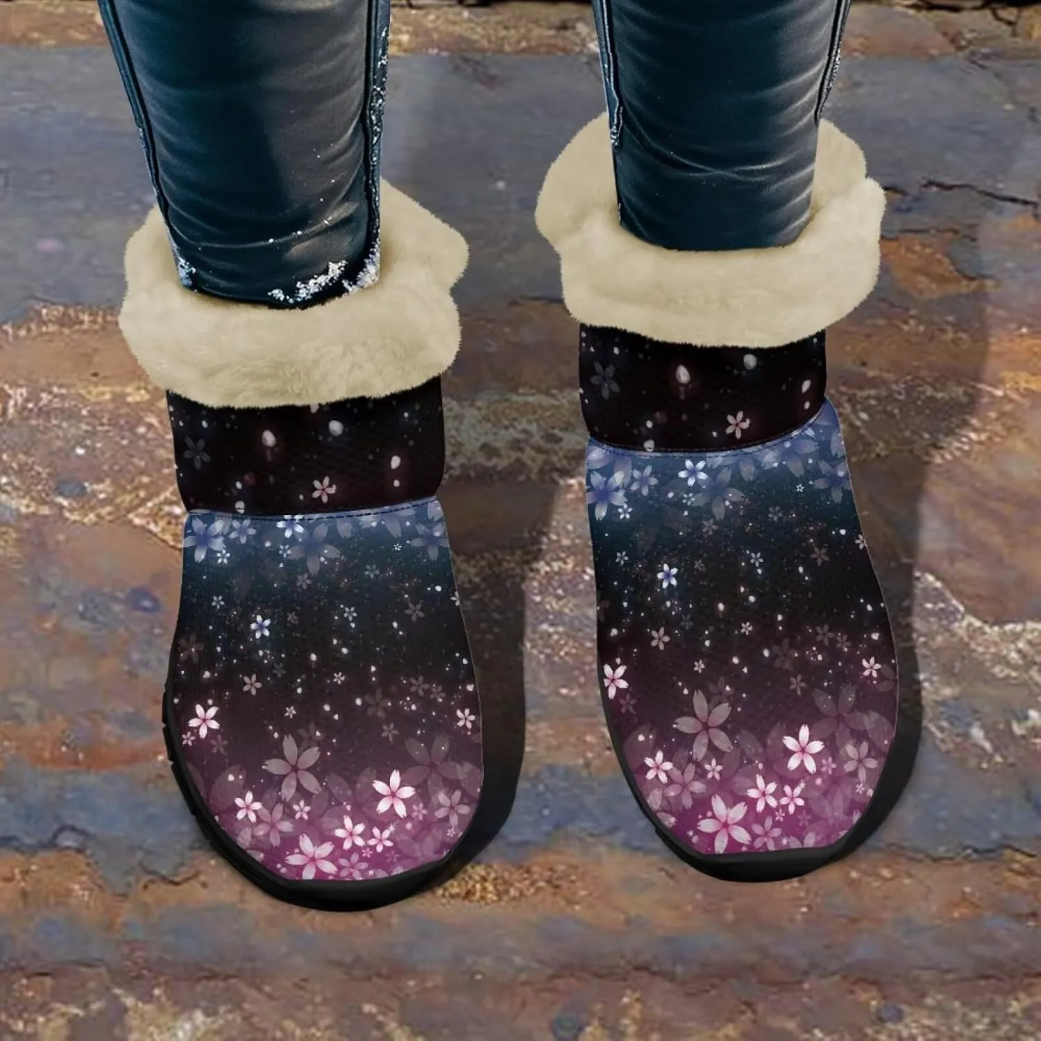 Jeiento Floral Women's Snow Boots Flowers Lightweight Fluffy Thickening Shoes Ladies Non Slip
