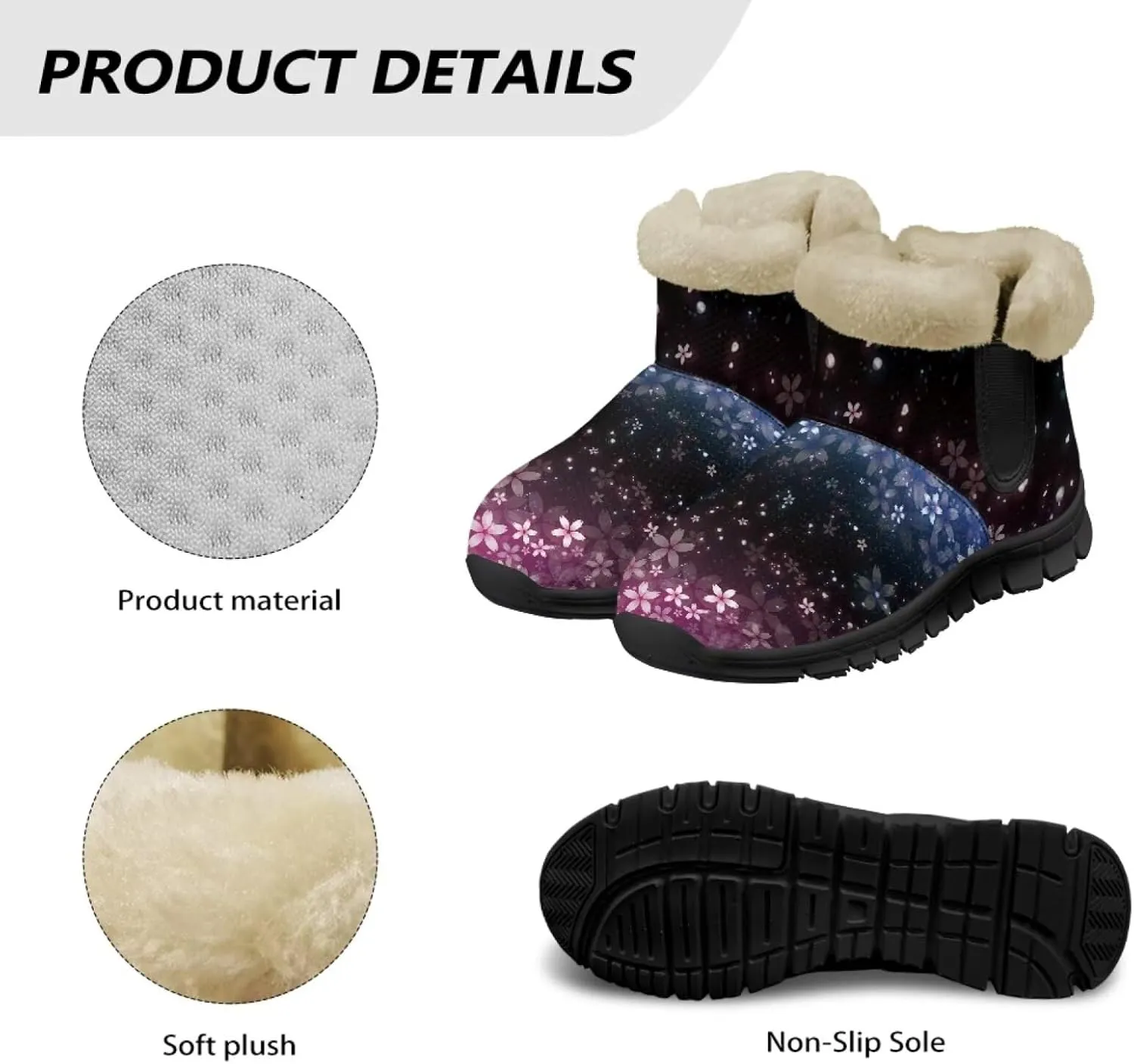 Jeiento Floral Women's Snow Boots Flowers Lightweight Fluffy Thickening Shoes Ladies Non Slip