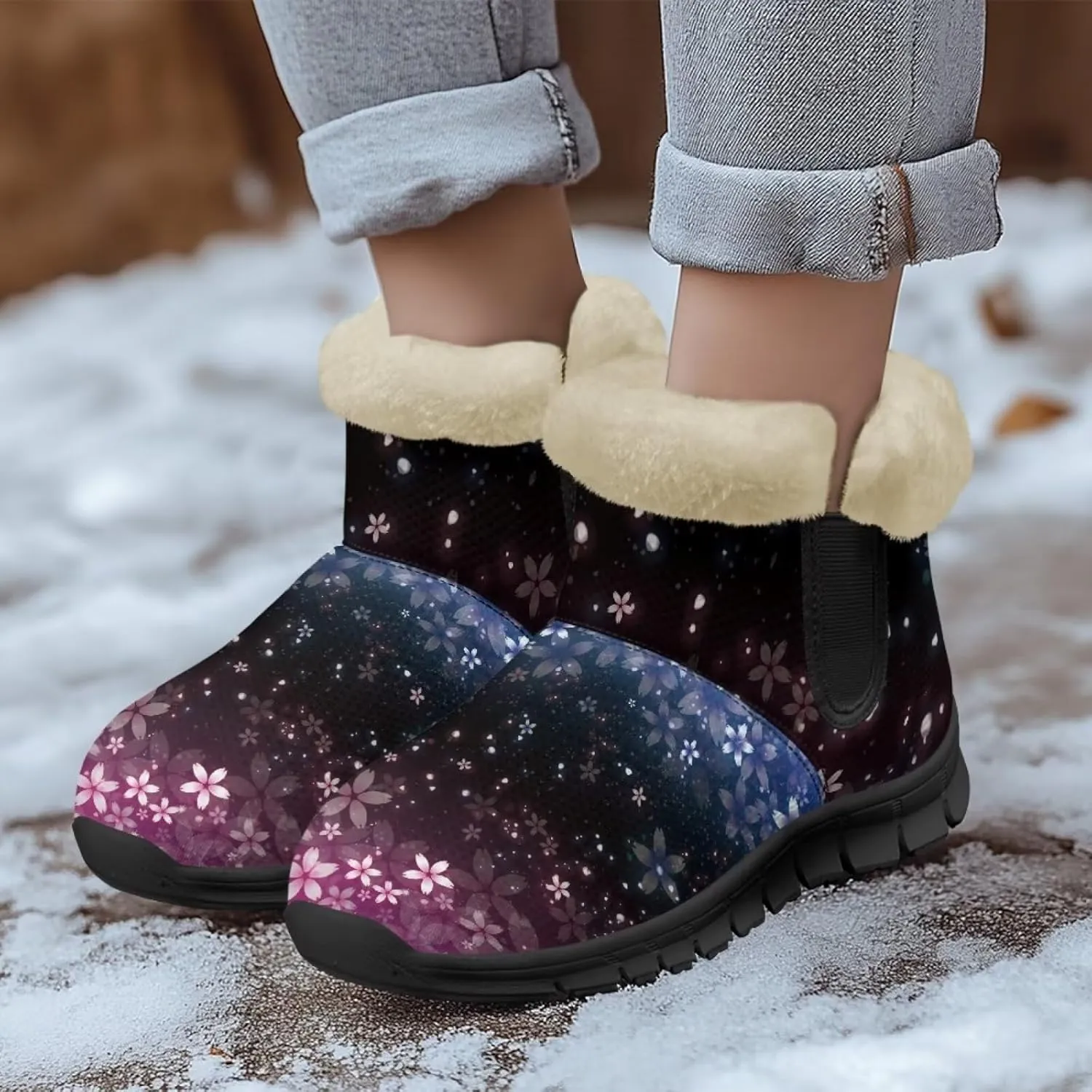 Jeiento Floral Women's Snow Boots Flowers Lightweight Fluffy Thickening Shoes Ladies Non Slip