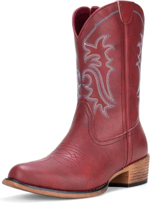 Jeossy Women's Cowboy Boots, Western Cowgirl Mid-Calf Pull on Round Toe Embroidered Country Boots with Inside Zipper