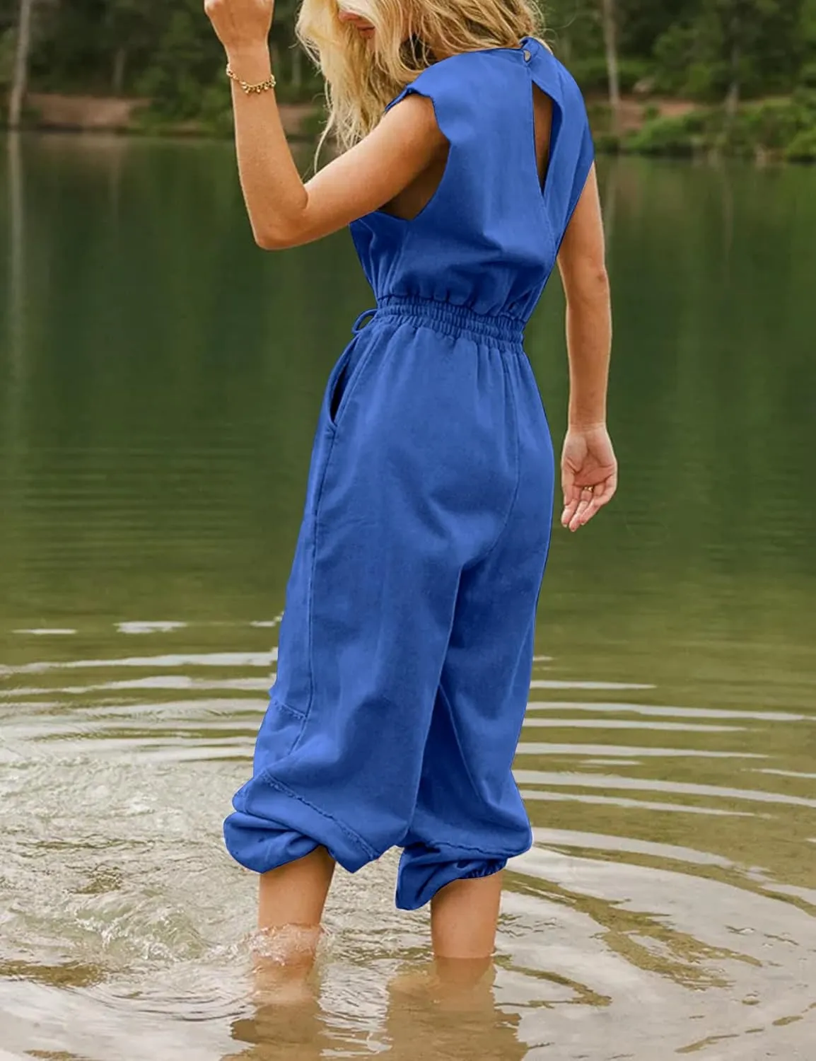 Kissonic Jumpsuits for Women Casual Crewneck Cap Sleeve Drawstring Romper One Piece Outfits with Pockets