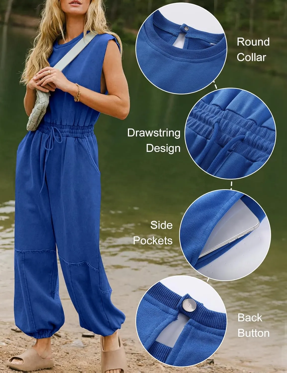 Kissonic Jumpsuits for Women Casual Crewneck Cap Sleeve Drawstring Romper One Piece Outfits with Pockets