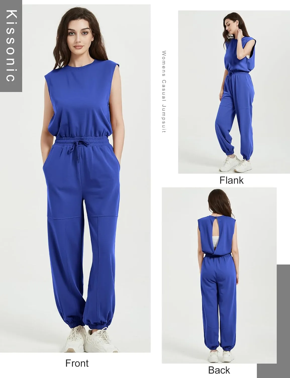Kissonic Jumpsuits for Women Casual Crewneck Cap Sleeve Drawstring Romper One Piece Outfits with Pockets