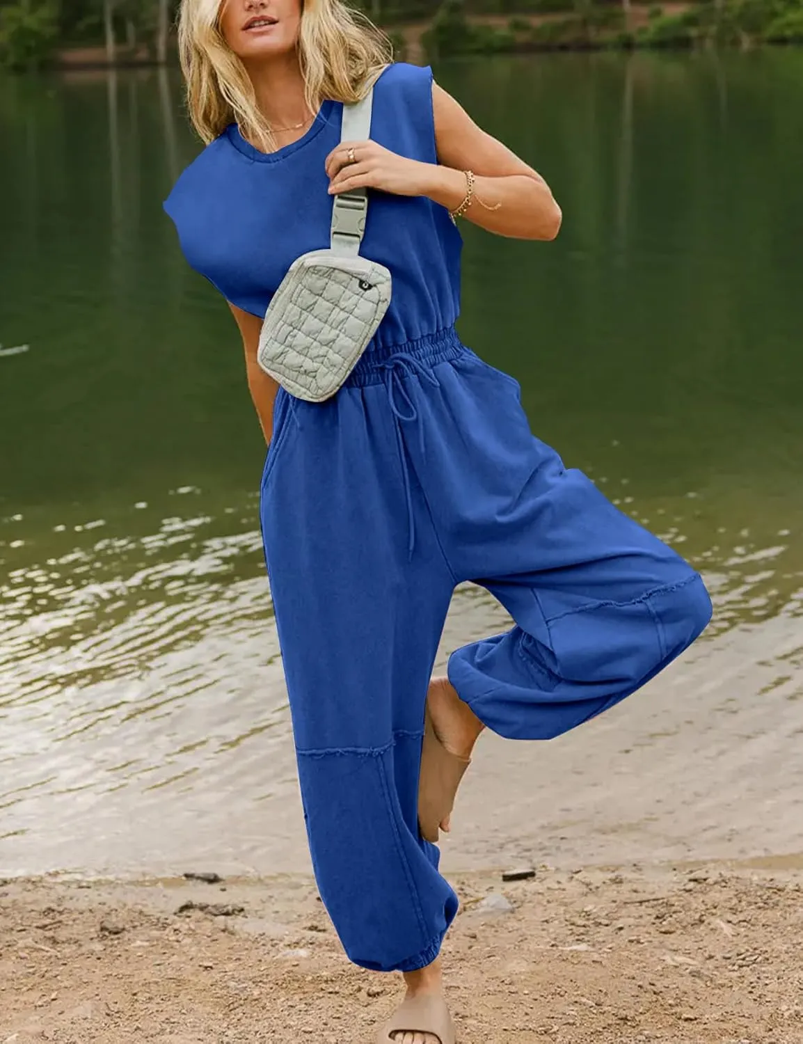 Kissonic Jumpsuits for Women Casual Crewneck Cap Sleeve Drawstring Romper One Piece Outfits with Pockets