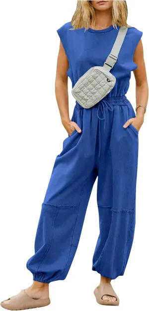 Kissonic Jumpsuits for Women Casual Crewneck Cap Sleeve Drawstring Romper One Piece Outfits with Pockets