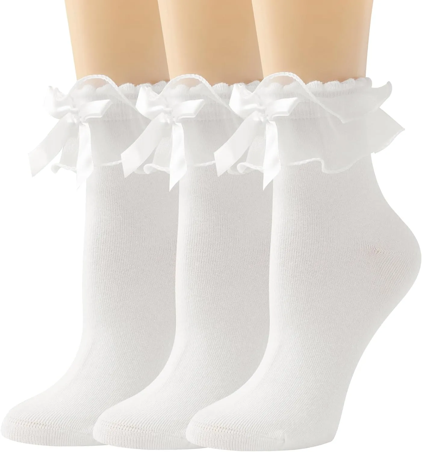 Lace Ruffle Frilly Socks for Women, Comfortable Cotton Cute Lace Ankle Socks with Bow