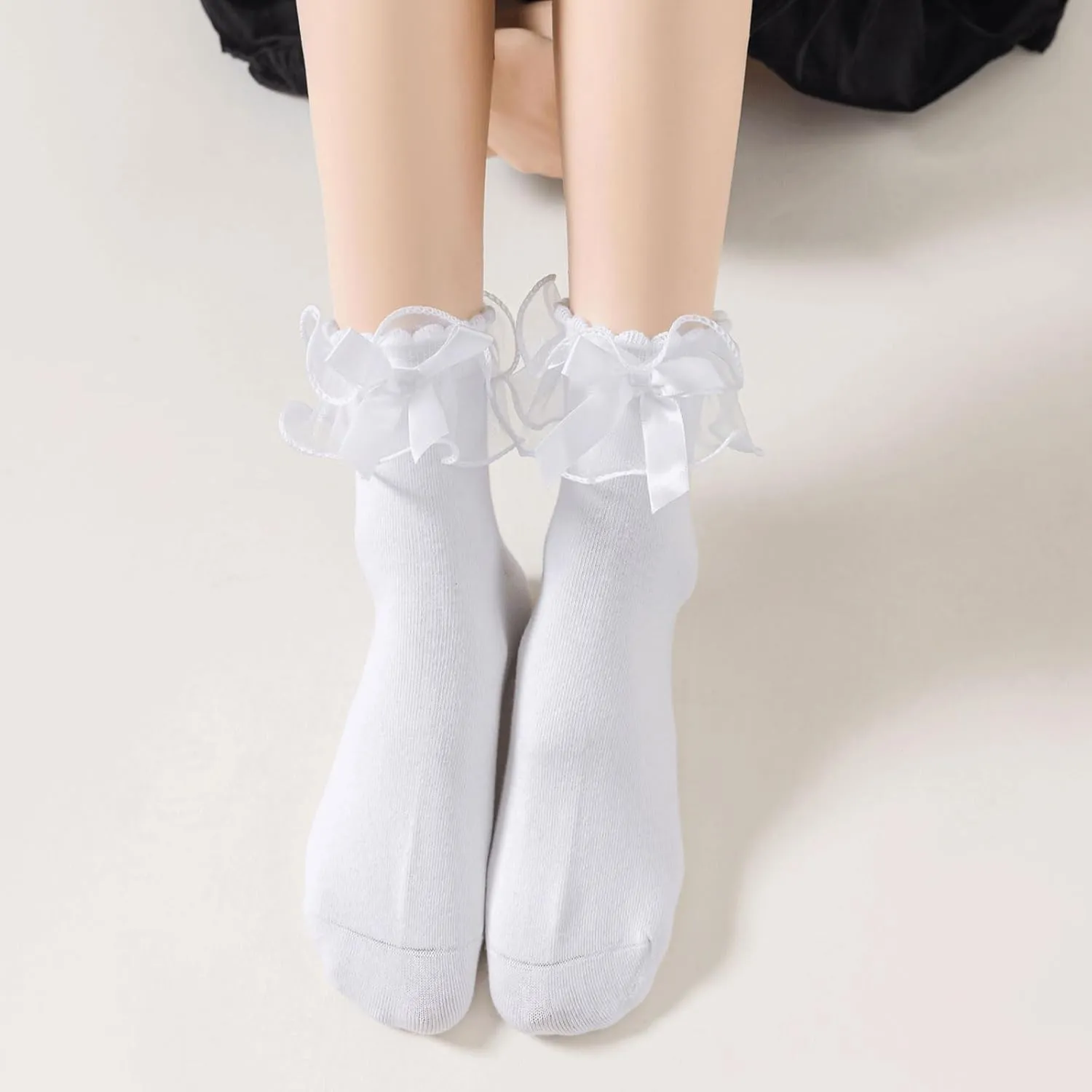 Lace Ruffle Frilly Socks for Women, Comfortable Cotton Cute Lace Ankle Socks with Bow