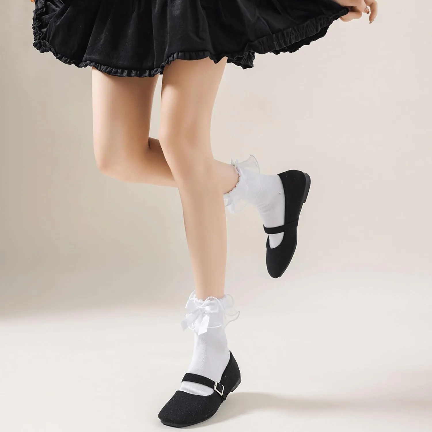 Lace Ruffle Frilly Socks for Women, Comfortable Cotton Cute Lace Ankle Socks with Bow