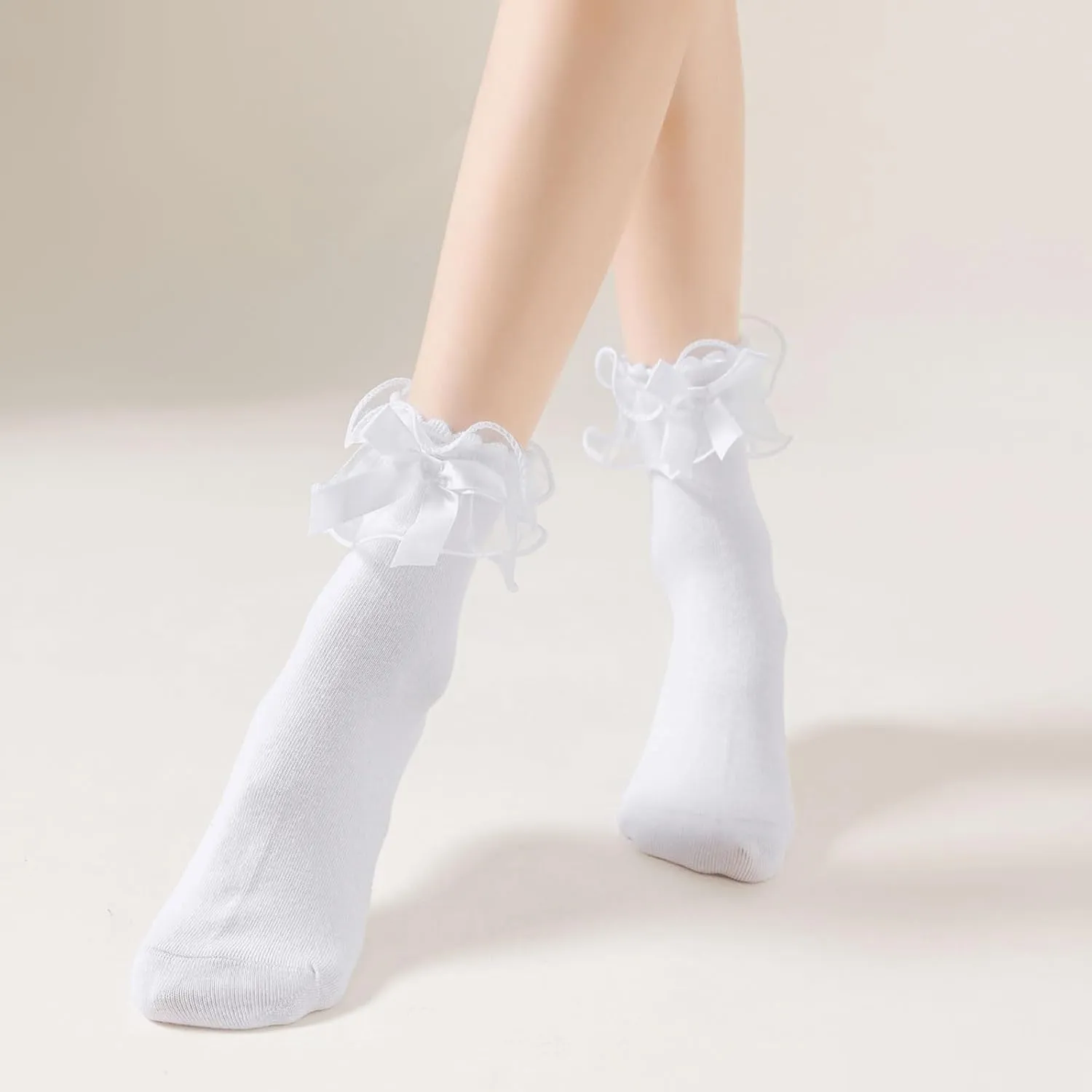 Lace Ruffle Frilly Socks for Women, Comfortable Cotton Cute Lace Ankle Socks with Bow
