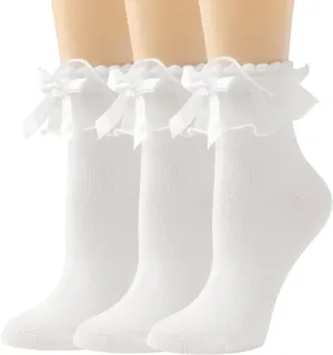 Lace Ruffle Frilly Socks for Women, Comfortable Cotton Cute Lace Ankle Socks with Bow