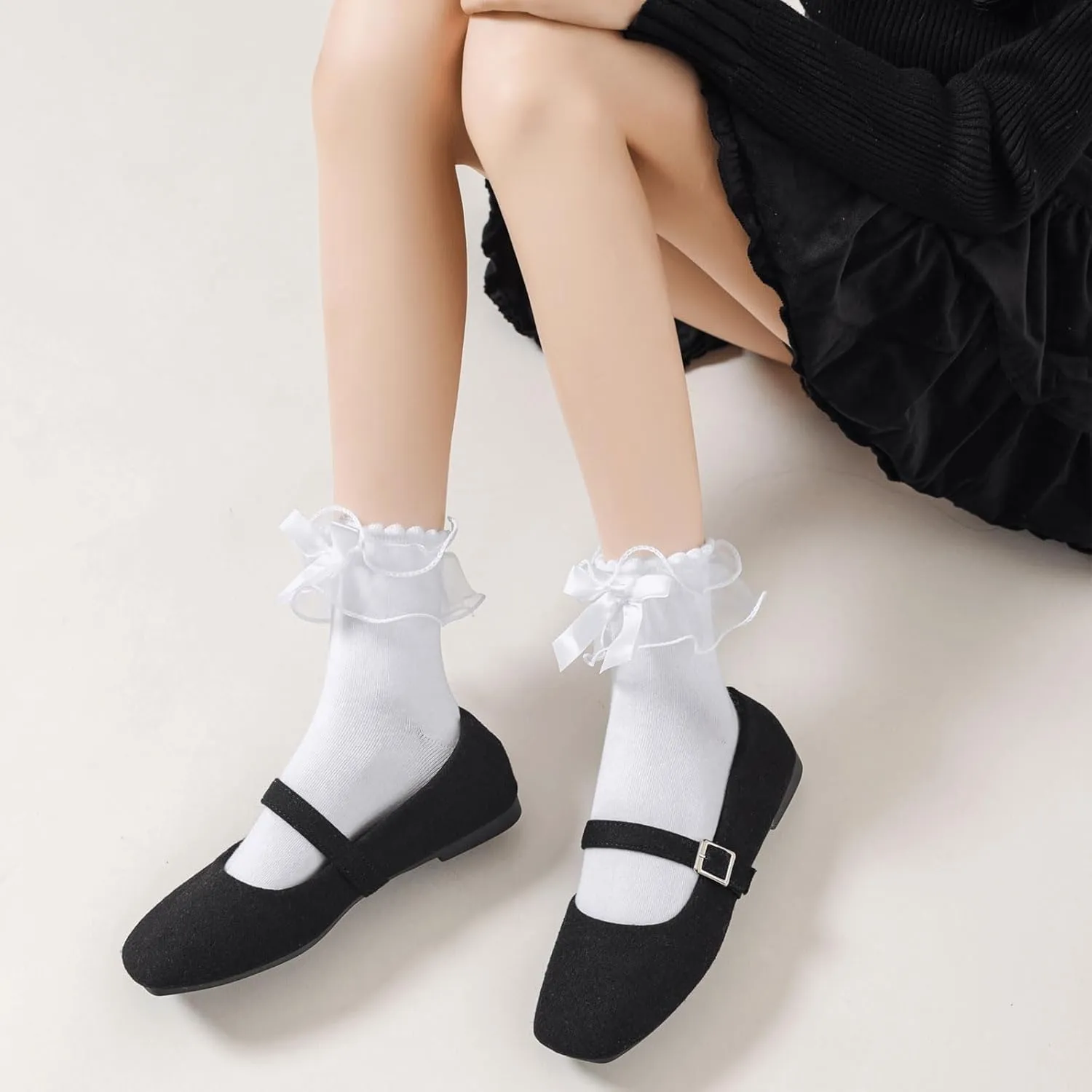 Lace Ruffle Frilly Socks for Women, Comfortable Cotton Cute Lace Ankle Socks with Bow