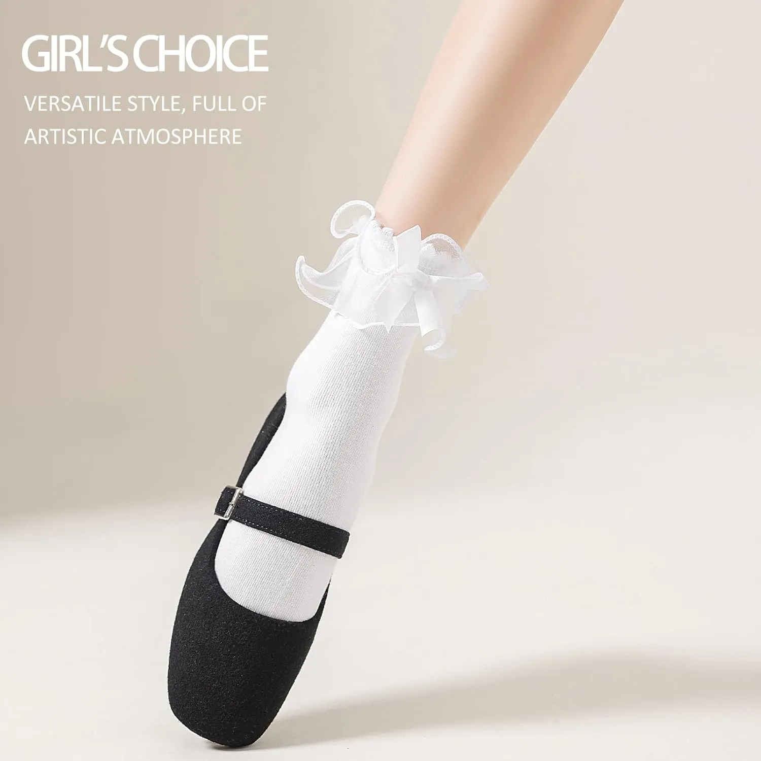 Lace Ruffle Frilly Socks for Women, Comfortable Cotton Cute Lace Ankle Socks with Bow